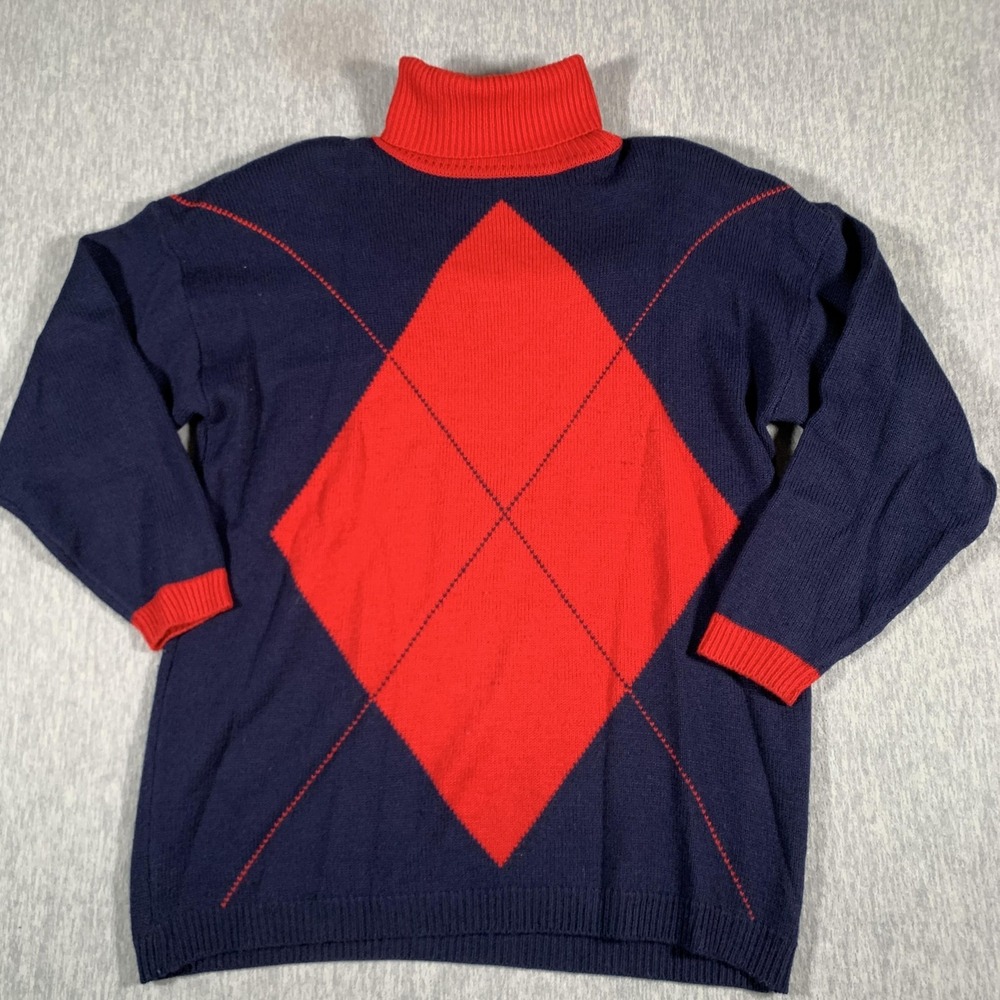 Vintage‎ The Villager Sweater Womens Large Blue Red Turtleneck Argyle Wool 80s